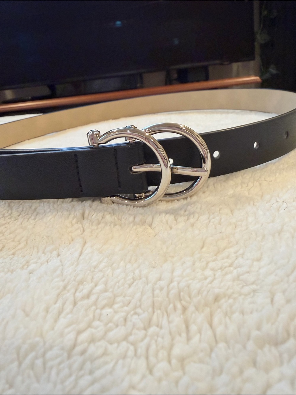 Vince Camuto Black Leather Belt with Double Silver Rings